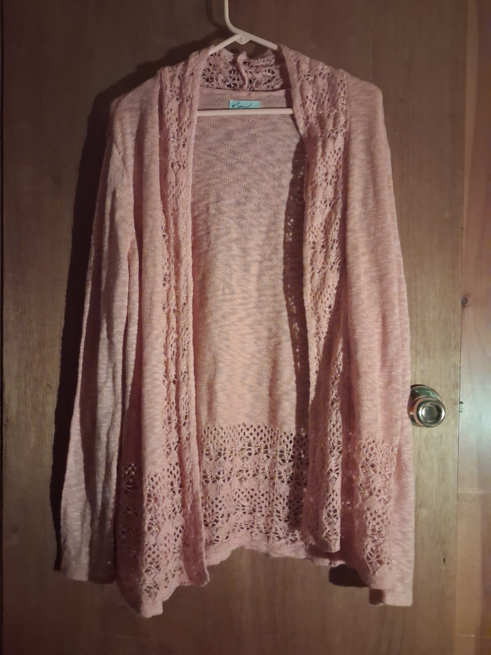 Kim Rogers Blush Pink Open-Front Crochet Trim Cardigan